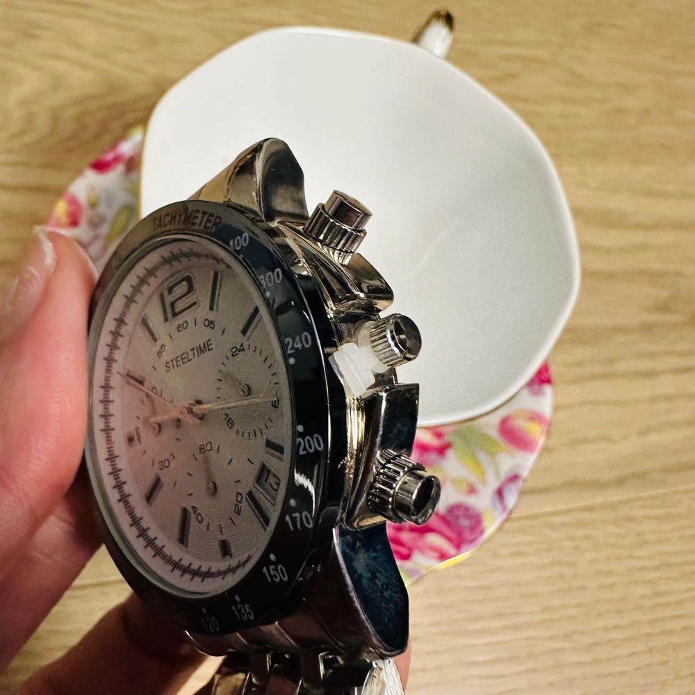 STEELTIME Chronograph Tachymeter Men's Watch Silver Tone‎ Stainless Steel Band - Picture 5 of 6